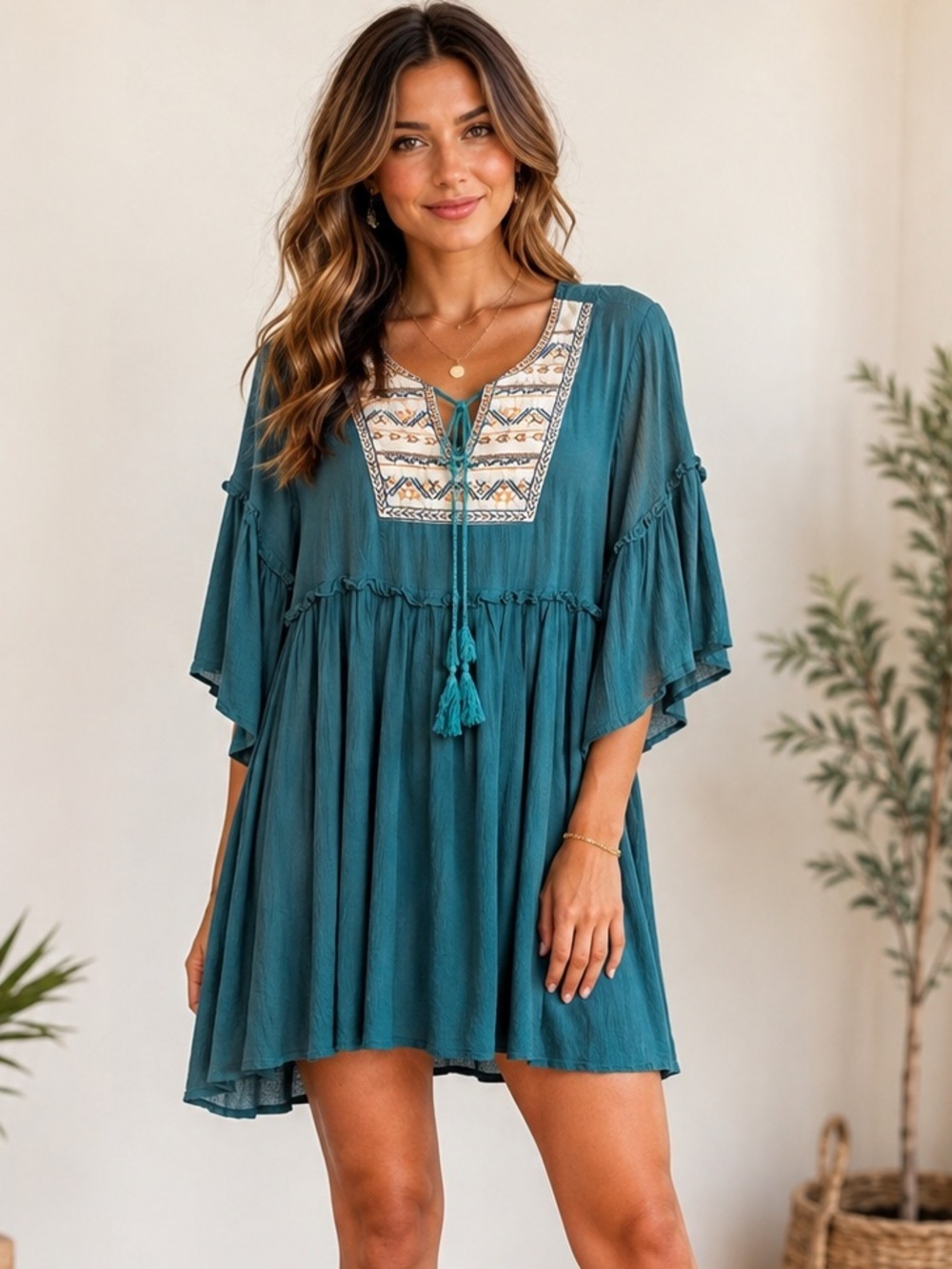easel Teal Embroidered V-Neck Mini Dress with Tassel Ties